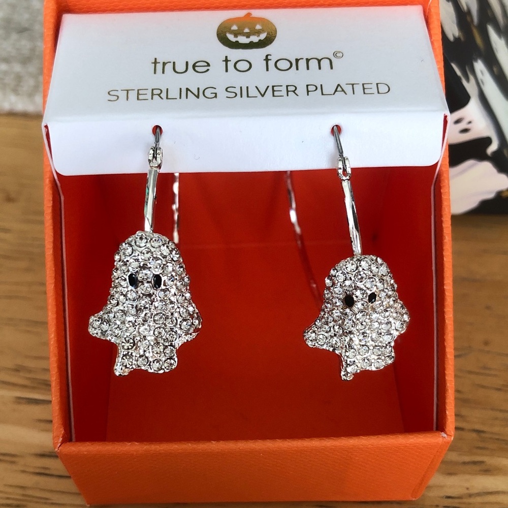 True To Form Sterling Silver Plated Frontal Ghost Hoop Earrings Crystal NIB